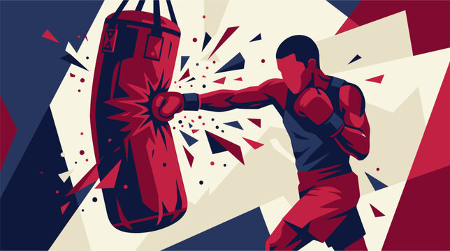 Professional vector illustration of a person delivering a powerful punch to a heavy boxing bag, athletic training concept, gym workout equipment, martial arts graphic design.