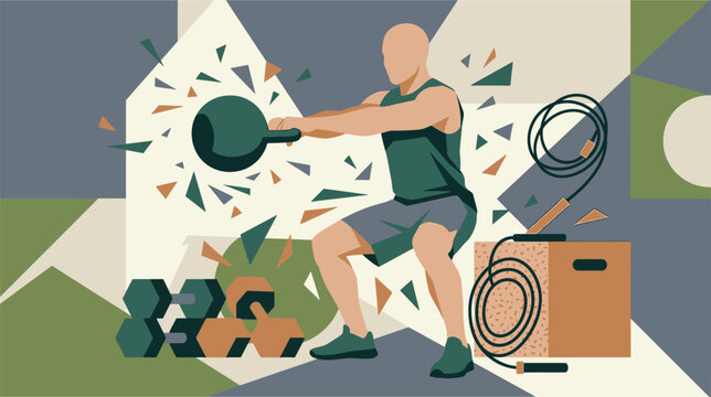 Functional strength training vector illustration featuring male and female athletes performing compound exercises with gym equipment like kettlebells and barbells on a white background.