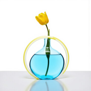 Neon ring vase. A circular glass tube bent into a torus shape holds blue water and a yellow tulip (Tulipa