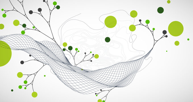Abstract eco background with wave grid, green circles, and branching lines. Vector
