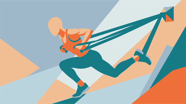 Vector illustration of an athlete performing a suspension strap exercise, functional bodyweight training system with nylon straps and handles, fitness workout equipment graphic element.