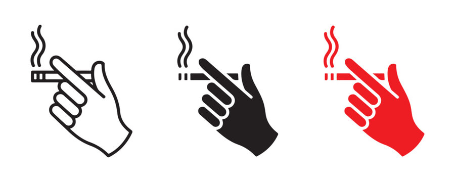 Human hand holding cigarette with smoke isolated on transparent background flat style vector icon design set.