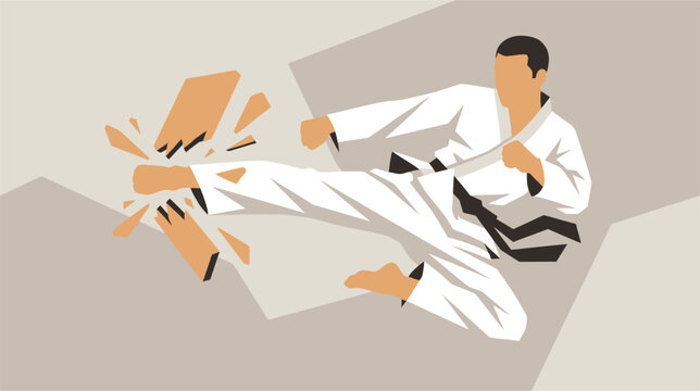 Vector illustration of a Taekwondo martial artist in a white uniform performing a high power kick. Dynamic action pose of a fighter executing a side kick on a white background.