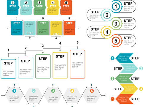 Modern collection of five-step infographic templates featuring colorful workflow layouts, timelines, process diagrams, chevron arrows, circular steps, hexagon elements, and editable placeholders.