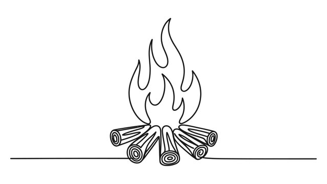 Continuous single line drawing of a burning campfire with logs and flames isolated on a white background isolated on white background, Vector, illustration