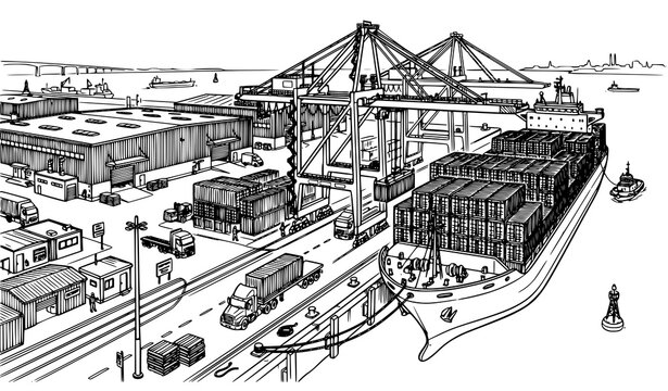 Hand drawn seaport cargo terminal outline vector illustration with container ship and maritime industry elements