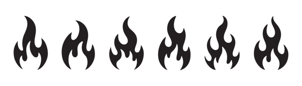 Six black silhouette fire flame shapes isolated on transparent background for creative graphic design work.