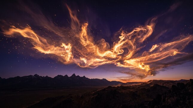 Dramatic Campfire in Forest Mountains at Sunset Beneath Fiery Orange Clouds and Glowing Sky Landscape at Dusk