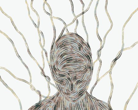 Surreal humanoid illustration with abstract organic veins in conceptual minimal style