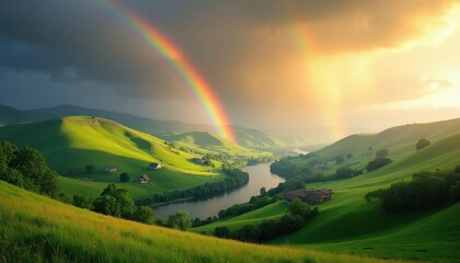 Obraz premium Double rainbow appears above green rolling hills with winding river. Small village houses sit in grass fields near water flow during soft sunset light. Rural countryside valley landscape glows under