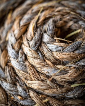 Tightly coiled braided sweetgrass rope. Natural fibers show firm, springy tension and intricate texture, creating abstract background