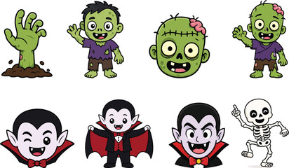 Cute cartoon Halloween characters including zombies and vampires with a skeleton in a playful arrangement for festive design