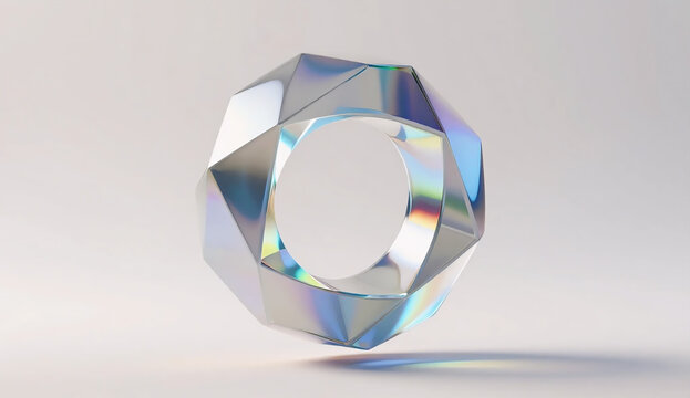 Futuristic abstract 3D render of an iridescent holographic torus ring floating with light refractions