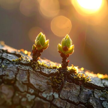 Two small green buds sprouting from a mossy tree branch in the warm glow of sunset.