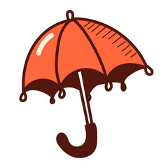 Umbrella doodle icon vector isolated. Hand-drawn illustration of a red umbrella with handle. Protection from rain and sun. Cold autumn weather accessory.