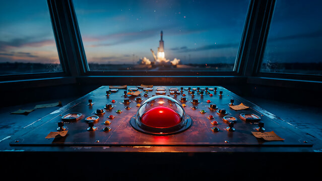 Space rocket launch control panel with illuminated emergency button and mission countdown