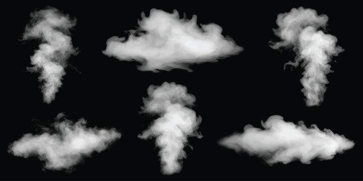 Set of realistic white smoke clouds and steam puffs isolated on black background