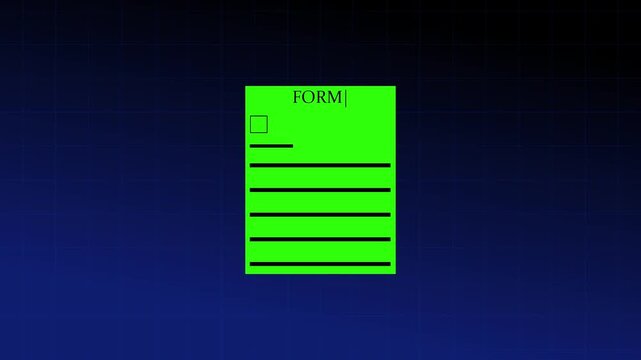 Bright green digital form document with black text lines and a square checkbox centered on a dark blue background with a subtle grid pattern overlay