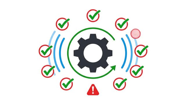 Smart predictive maintenance gear icon with wireless signal waves. Industrial IoT sensor monitoring for machinery health and equipment reliability.