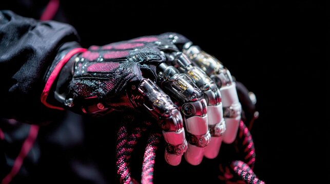 Hands grip a rope with advanced robotic technology in a dark space