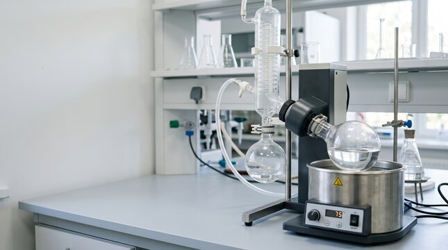Laboratory rotary evaporator on workbench with glassware setup  
