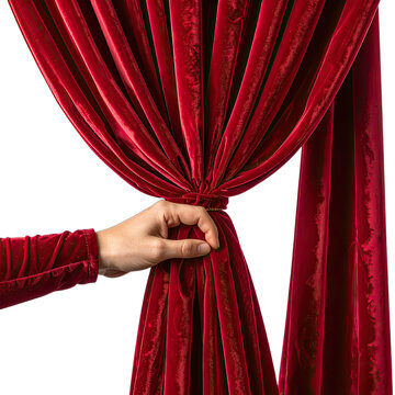 A hand pulls back a luxurious red velvet curtain against a black background.