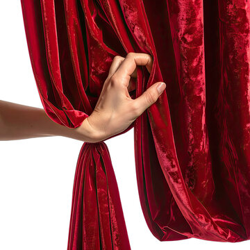 A hand pulls back a rich red velvet curtain against a black background.