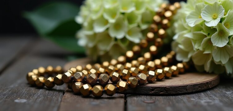 Golden hematite beads lie on dark wooden table with white hydrangea flowers in background. Shiny round, faceted metal stones form elegant necklace design. Close up view features luxury jewelry