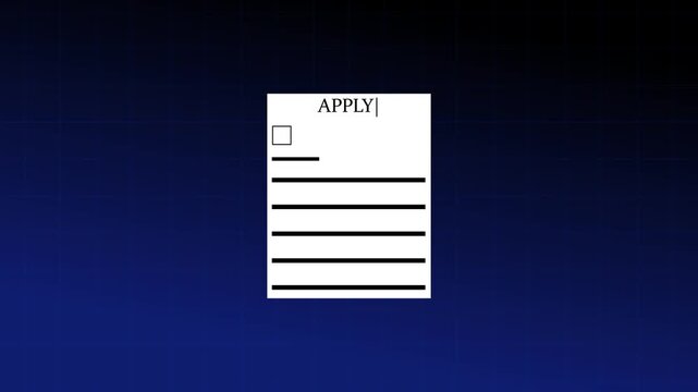 White paper document with the word apply written at the and lines for text input on a dark blue background with a subtle grid pattern overlay