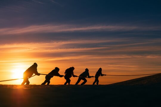 Teamwork activity with people pulling rope at beach