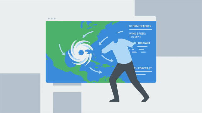 Vector illustration of meteorology storm tracking interface featuring weather radar maps, hurricane trajectory paths, and atmospheric data visualizations for weather forecasting.