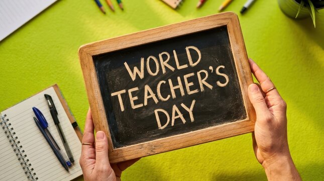 Hands Holding Chalkboard with World Teacher's Day Text, Top View of Person Holding Small Vintage Slate Board with Greeting Message on Green Table with Stationery, Education Concept
