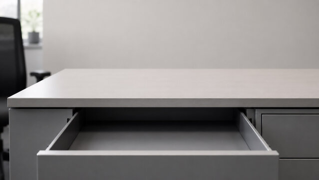 An open completely empty desk drawer in a clean office desk - clearing out a desk when resigning concept banner with copy space