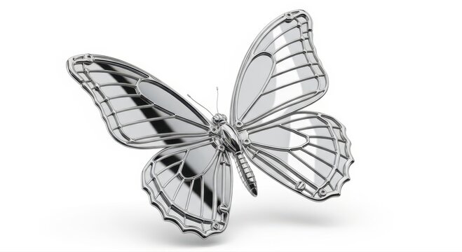 Futuristic silver metal butterfly sculpture on white background