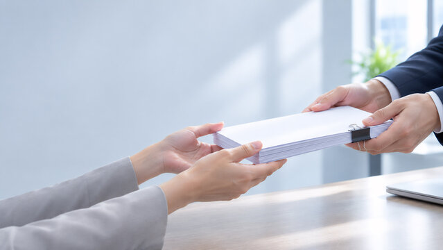 Close up of hands passing a neat stack of documents across a desk with no faces visible - work handover before leaving a position concept banner with copy space