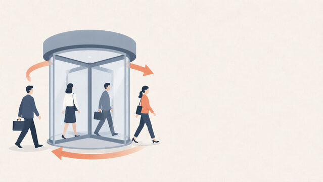 A simple revolving door with arrows suggesting people coming and going - high employee turnover in the workplace concept flat design illustration banner with copy space