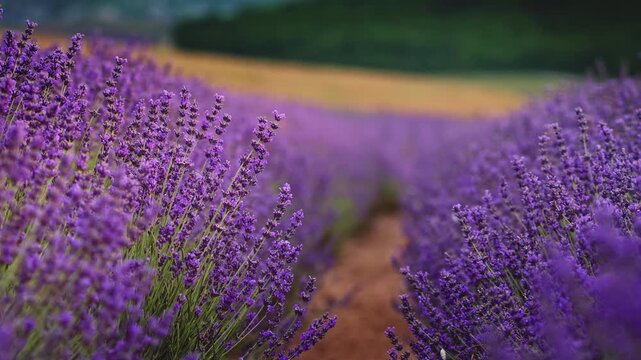 Close up of beautiful blooming lavender flowers swaying in the wind inside a field. Handheld nature footage for wellness, aromatherapy and organic cosmetics video concept.