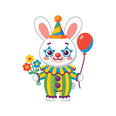 Fototapeta premium Cute Clown Bunny Holding Flowers and Balloon, Festive Character Illustration