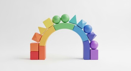 Obraz premium Colorful geometric toy arch with rainbow blocks and shapes on white background
