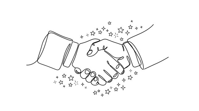 Two hands shaking with stars floating around transparent background illustration