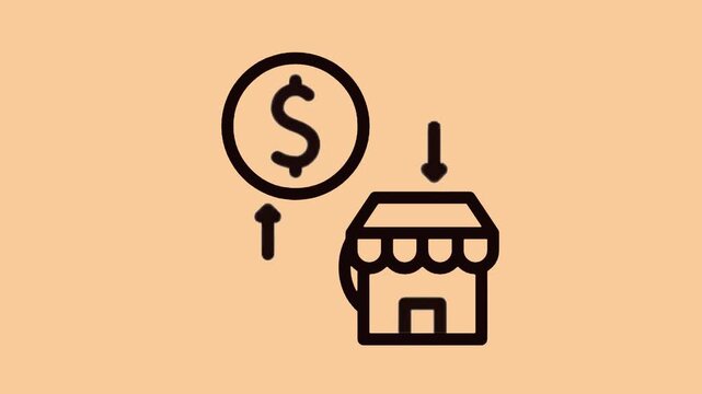 Dollar currency coin exchange animation showing motion graphics of financial transactions between a small retail store shop and banking capital assets for modern business commerce and digital investme
