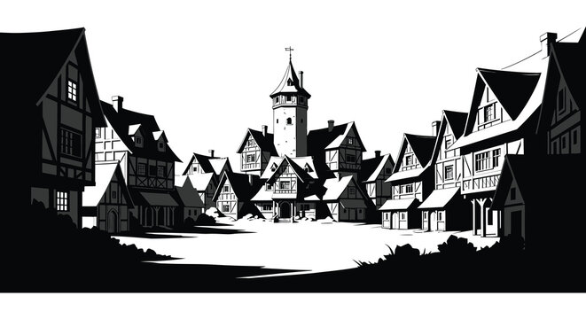 European townscape with buildings and tower black and white silhouette