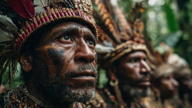 Portrait of indigenous people in traditional earth-toned feather headdresses in lush forest setting