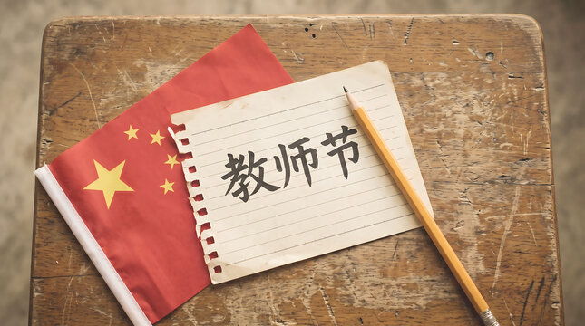 China education concept flag notebook and pencil on wooden surface
