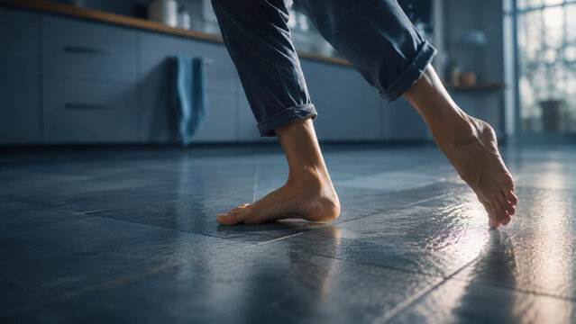 Bare feet dancing on tiled kitchen floor