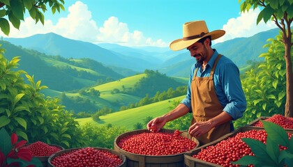 Obraz premium Farmer picking red coffee berries on sunny tropical plantation mountain farm. Man in hat works in field with wooden baskets filled with fresh harvest. Agronomist examines ripe crop organic beans for