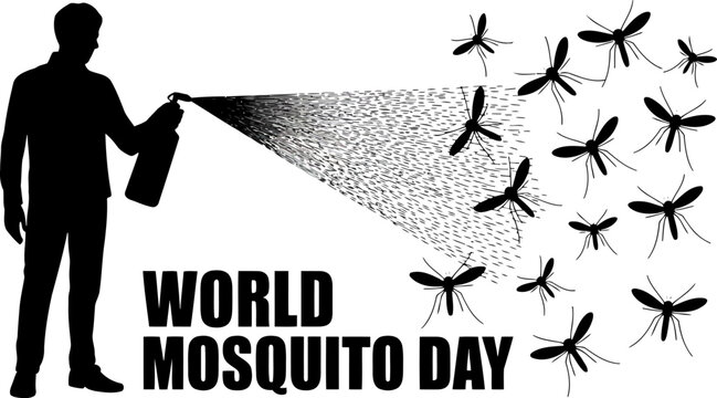 Silhouette of a man spraying insecticide to repel numerous flying mosquitoes Transparent Background