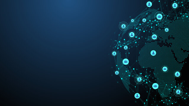 Global network connection banner design template. Header social network communication in the global business concept. Big data visualization. Internet technology
