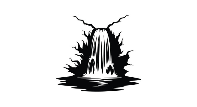 Waterfall landscape with jagged rocks and pool black silhouette cascade