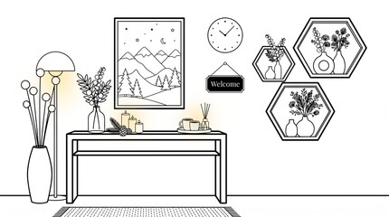 Minimalist line art living room interior, modern home decor illustration with furniture and wall art, cozy scandinavian style room sketch © Abdul